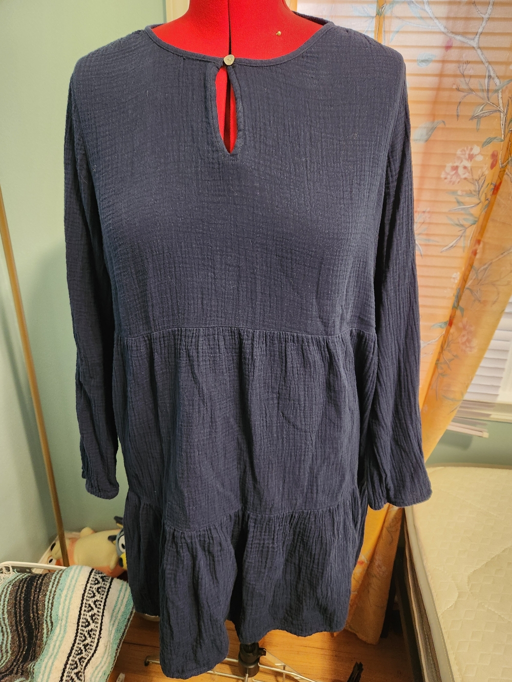 Navy Blue Tiered Long Sleeve Dress